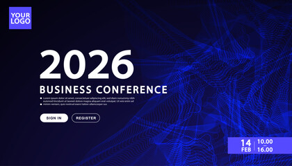 A website landing page template for a business or tech conference. A modern user interface (UI) with register and sign in buttons on a dark abstract background with digital waves.