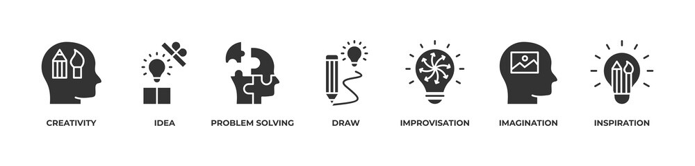 Creative Idea Lab Icons set vector illustration glyph with Creativity, Idea, Problem solving, Draw, Improvisation, Imagination, Inspiration