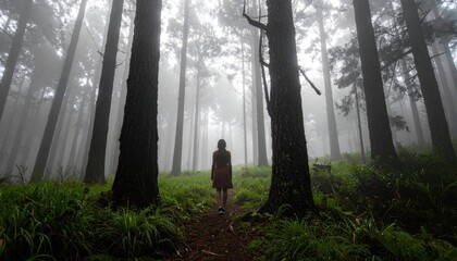 Wall Mural - A solitary figure in a red dress walks through a misty forest, surrounded by towering trees and lush greenery
