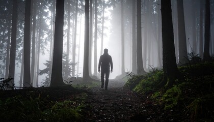 Wall Mural - A solitary figure walks through a misty forest, surrounded by towering trees and soft green undergrowth