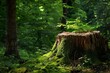 © nsit0108 - Fresh green leaves growing from an old tree stump, symbolizing new life and renewal in a vibrant forest ecosystem