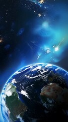 Wall Mural - A cosmic video scene with a low-angle view of Earth against a vibrant galaxy backdrop, highlighting the vastness of space in a digital style. Live mobile wallpaper.