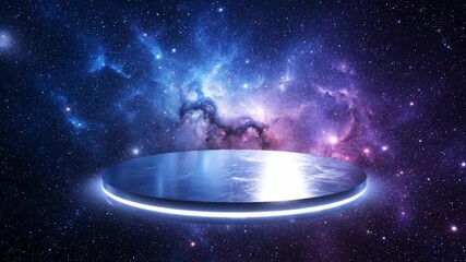 Wall Mural - Futuristic Platform in Space - A futuristic-looking platform hovers in the vastness of space, surrounded by a vibrant nebula and countless stars.