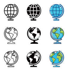 Wall Mural - World Globe Map Icon Set - Outline, Solid, and Colorful Vector Symbol of Earth, Travel, and Global Business