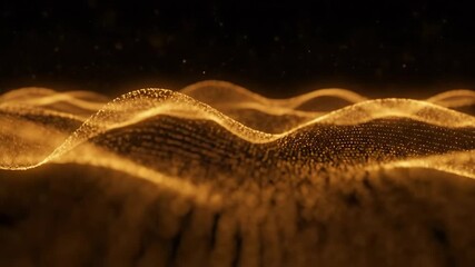 Wall Mural - Golden Wave Particle Flow - A macro shot shows a network of golden particles forming abstract waves on a dark background. The video is dynamic, suggesting movement and a sense of energy.