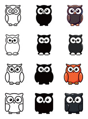 Wall Mural - Cute Cartoon Owl Icon Set - Various Styles and Colors Vector Symbol of Bird, Wisdom, and Education