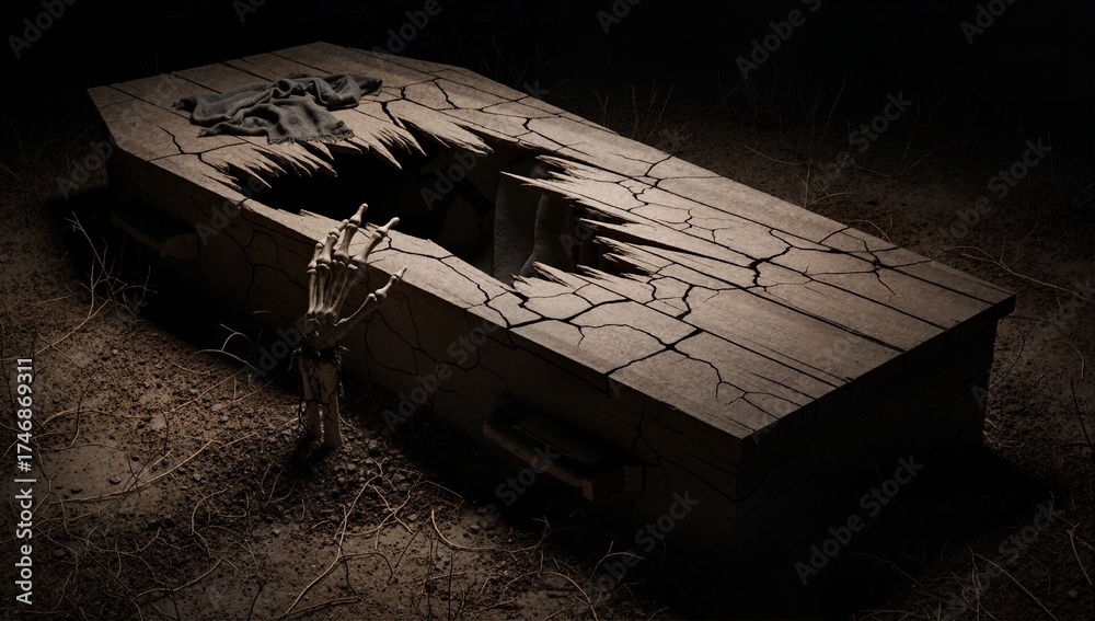Illustration Stock Horror scene of an undead skeleton breaking out of a ...