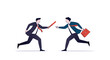 © RABBI - Two businessmen running and passing a baton.
