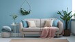 © vectyx2 - Cozy living room interior with a light gray sofa, decorated with plush pillows and a soft pink throw blanket, against a calming blue wall