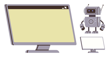 Robot with antennas standing near a large monitor and smaller screen. Ideal for technology, AI, robotics, innovation, communication, interface, automation. Simple flat metaphor