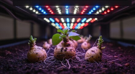 Wall Mural - Closeup medium shot of energyefficient LED growth lights casting focused light on developing tubers highlighting sustainable cultivation.