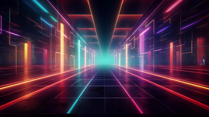 Wall Mural - Bright blue and orange lines form an abstract tunnel leading to a glowing center point