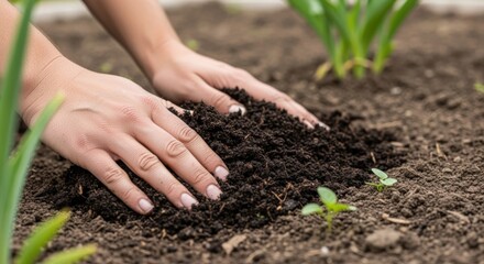 Wall Mural - Medium shot of hands spreading rich compost over soil showcasing natural nutrient enhancement for healthy crop growth.