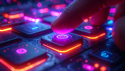 Tech Interaction: A finger poised to press the illuminated button of a keyboard, symbolizing technology interaction in vibrant and neon color.