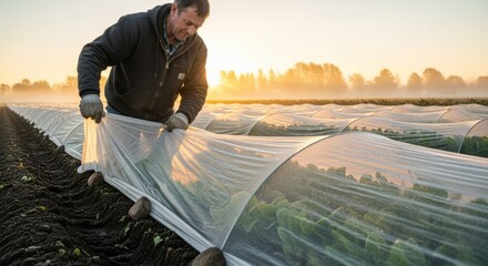 Wall Mural - Medium shot of a farmer covering crops with breathable fabric row covers to shield plants from frost damage at dawn