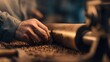 © mudrika - Close-up of a craftsman's hands skillfully working on a wooden lathe in a workshop filled with tools