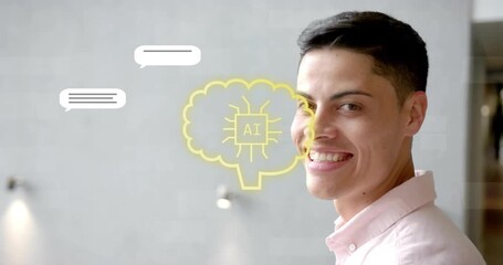 Adult male smiling and activating yellow line tracing face into AI cloud, icons emerging dissolving