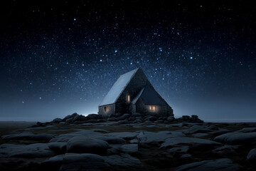 Wall Mural - A small house is surrounded by rocks and is lit by the stars
