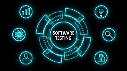 Glowing Neon line SOFTWARE TESTING business and technology concept. Financial success concept on virtual screen. Business, Technology, Internet and networking concept. 4k video