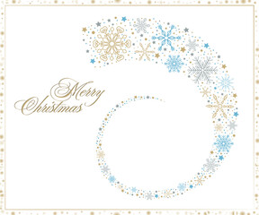 Christmas illustration. swirling streams of snowflakes with Merry Christmas greeting in elegant gold script. Festive Christmas cards, invitations, or website banners.