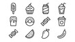 © NUSRAT - Minimalist Outline Vector Set of Desserts and Fruits Featuring Ice Cream Cupcake Soda Donut Candy Watermelon and Banana