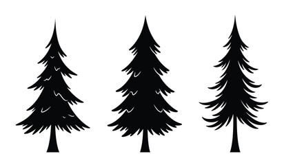 Three stylized black silhouette evergreen fir trees for forest winter holiday decoration and nature scenes isolated on white background