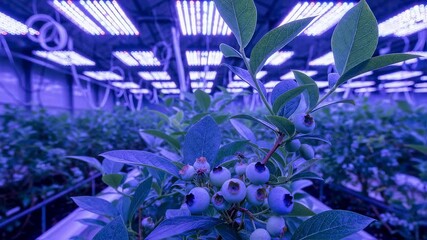 Wall Mural - Closeup medium shot of UV light panels illuminating blueberry bushes showcasing experimental pest control methods in a research environment.