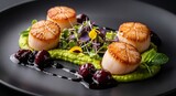 Gourmet seared scallops served with vibrant pea puree, fresh microgreens, and sweet cherries on a dark plate.