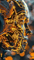 Wall Mural - A futuristic robotic head featuring glowing digital interfaces and orange highlights.