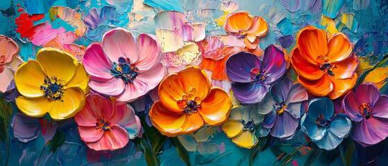 Wall Mural - Bright brushstrokes of paint on an abstract canvas with flowers, suitable for interior design and creative projects.