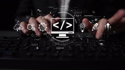 Modern web development concept featuring coding symbols, web development process, web development interface, and web development tools with futuristic design. Muxer