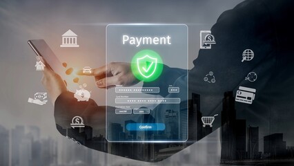 Wall Mural - Secure online payment, safe e-commerce transactions, digital payment solutions, online financial security, and electronic payment systems ensuring smooth business continuity. Muxer