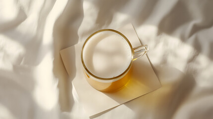 A clear mug filled with a frothy drink is centrally displayed on a white surface, bathed in soft, diffused light, highlighting the textures and colors.