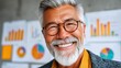 © JO BLA CO - An older man with grey hair smiles broadly while wearing glasses. Behind him are charts with business data, showing growth and analysis of performance