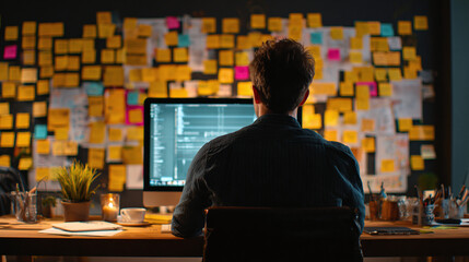 Focused coder at desk, sticky notes, computer screen. Workspace with plant, cup, and candle. Back view, planning, visualizing.