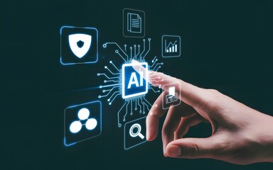 An interface concept demonstrating AI technology with an illustration of a hand interacting with a computer screen