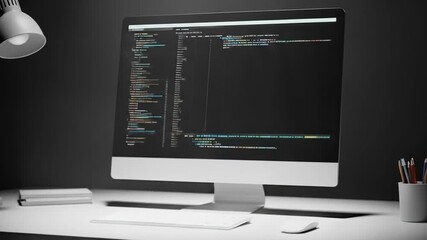 Desk workspace with computer monitor displaying source code at night