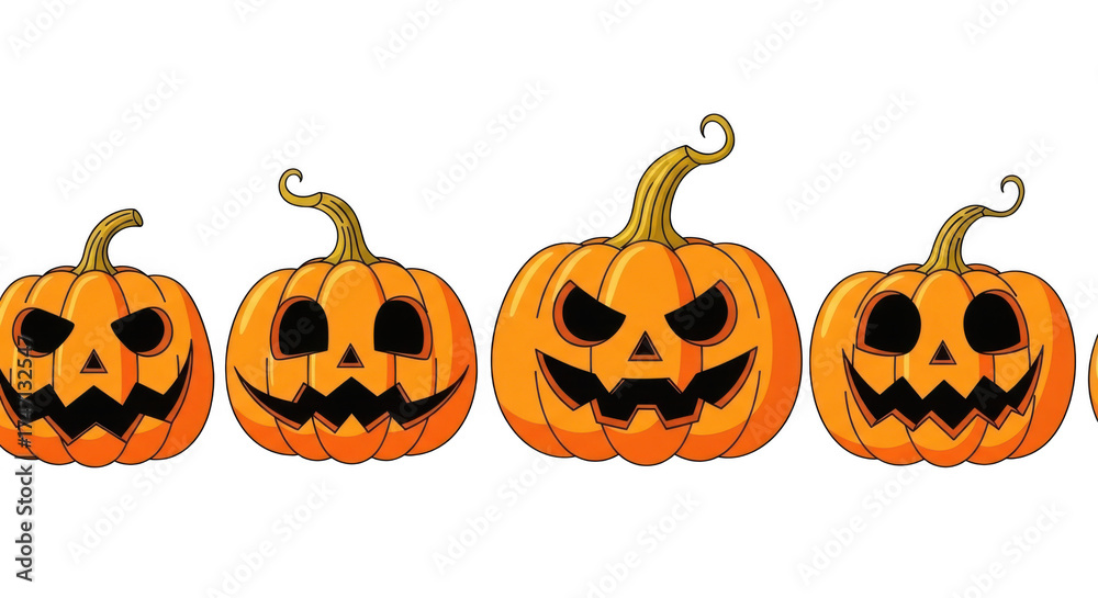 Four carved halloween jackolanterns with scary faces in a row isolated ...