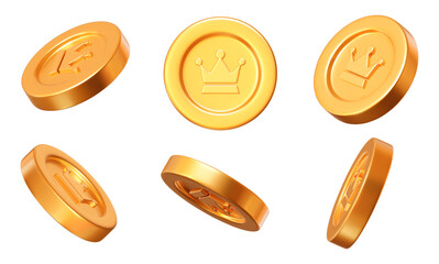 Wall Mural - 3D set gold coins with a crown at different angles. Stock vector illustration on isolated background.