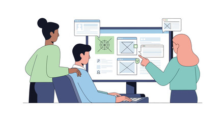 Illustration of team collaborating on digital project with large screen displaying interface design