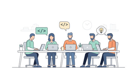 Illustration of diverse team of developers collaborating on coding projects with laptops and code icons