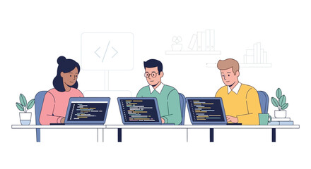 Illustration of diverse team of developers collaborating on coding projects at desks with laptops