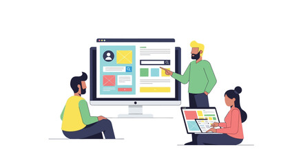Illustration of team collaborating on web design project with laptops and desktop computer