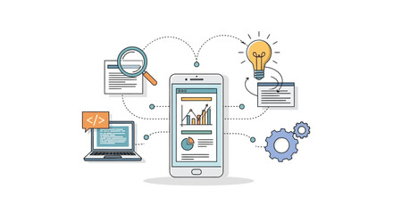Illustration of digital technology and data analytics concept with smartphone, laptop, and icons