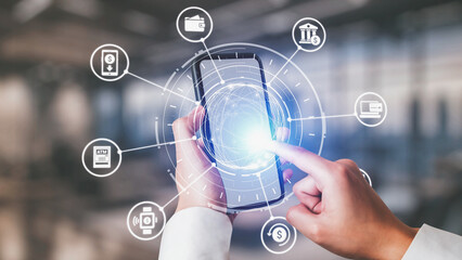Wall Mural - Online banking and digital banking innovation combining finance and technology, optimizing online banking systems, mobile banking services, and fintech for seamless experience. Spire