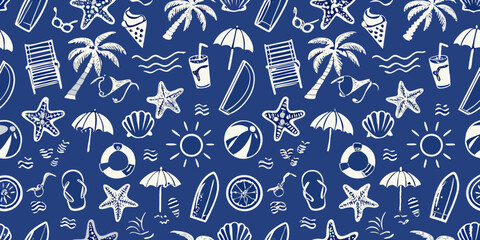 Whimsical white summer beach icons seamless pattern on deep blue background