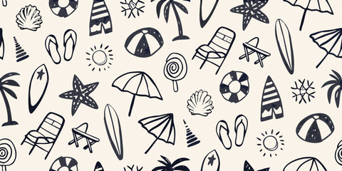 Whimsical hand drawn summer beach vacation icons seamless pattern
