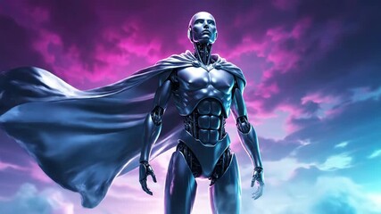 Futuristic Cyborg Superhero in a Dynamic Sky with Vibrant Pink and Blue Hues.