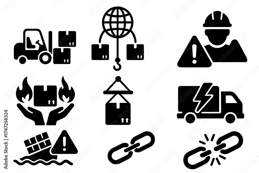 Supply chain risk management icons. Vector symbols for logistics ...