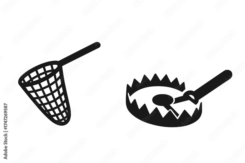 Trap and net icon set. Catching, hunting, and fishing tool. Metaphor ...